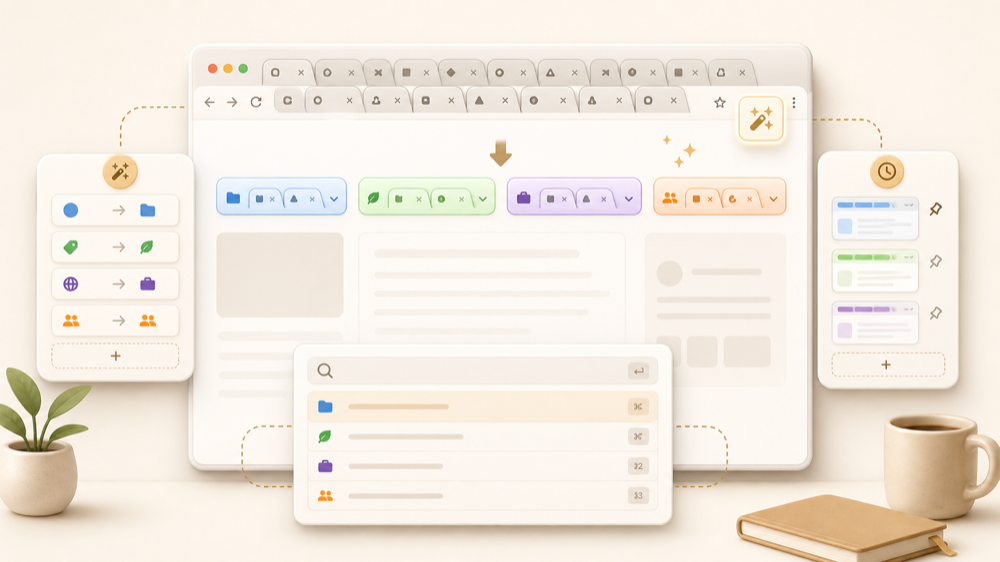 TidyTab extension guide showing automatic tab grouping